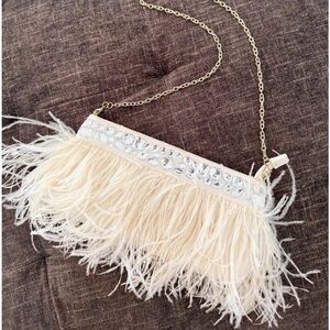 Charming Charlie RSVP Evening Clutch Ostrich Feather Purse Bag Rhinestones Ivory